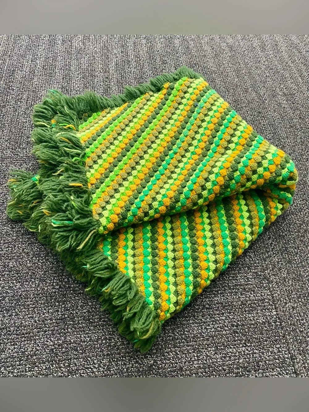 Vintage Crochet Blanket Handmade Knit Tassels Striped Retro Green Orange 66 x 40